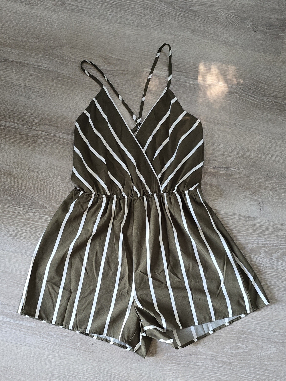 Olive Green and White Striped One-Piece Romper
